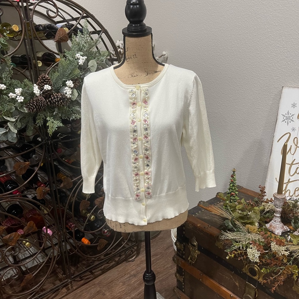 Apostrophe Cream Faux Stone Floral Button Cardigan 3/4 length sleeve